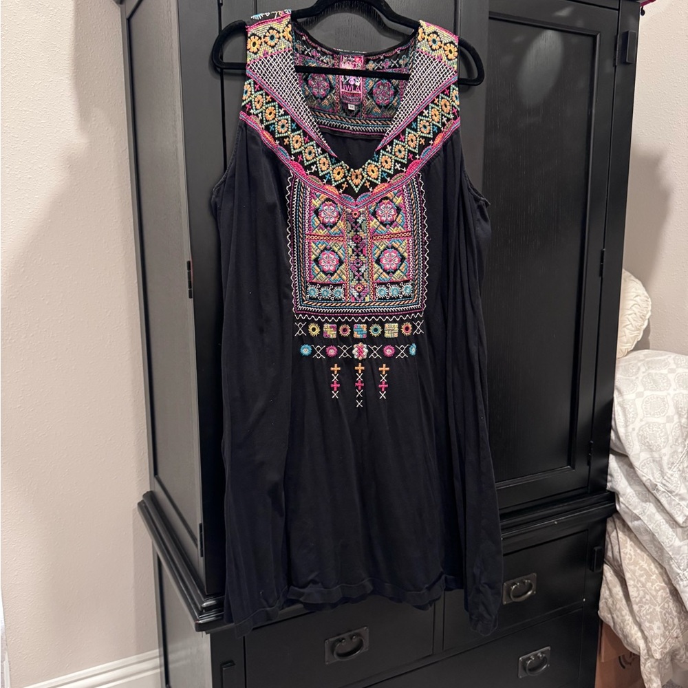 Johnny Was Black Dress with Colorful Embroidery